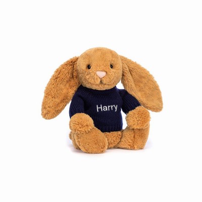 Jellycat Bashful Golden Bunny with Navy Jumper New Zealand | OVTUH8267